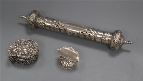 An Indian pierced white metal scroll case on stand and an Indian white metal kidney shaped box, scroll approx. 33cm.